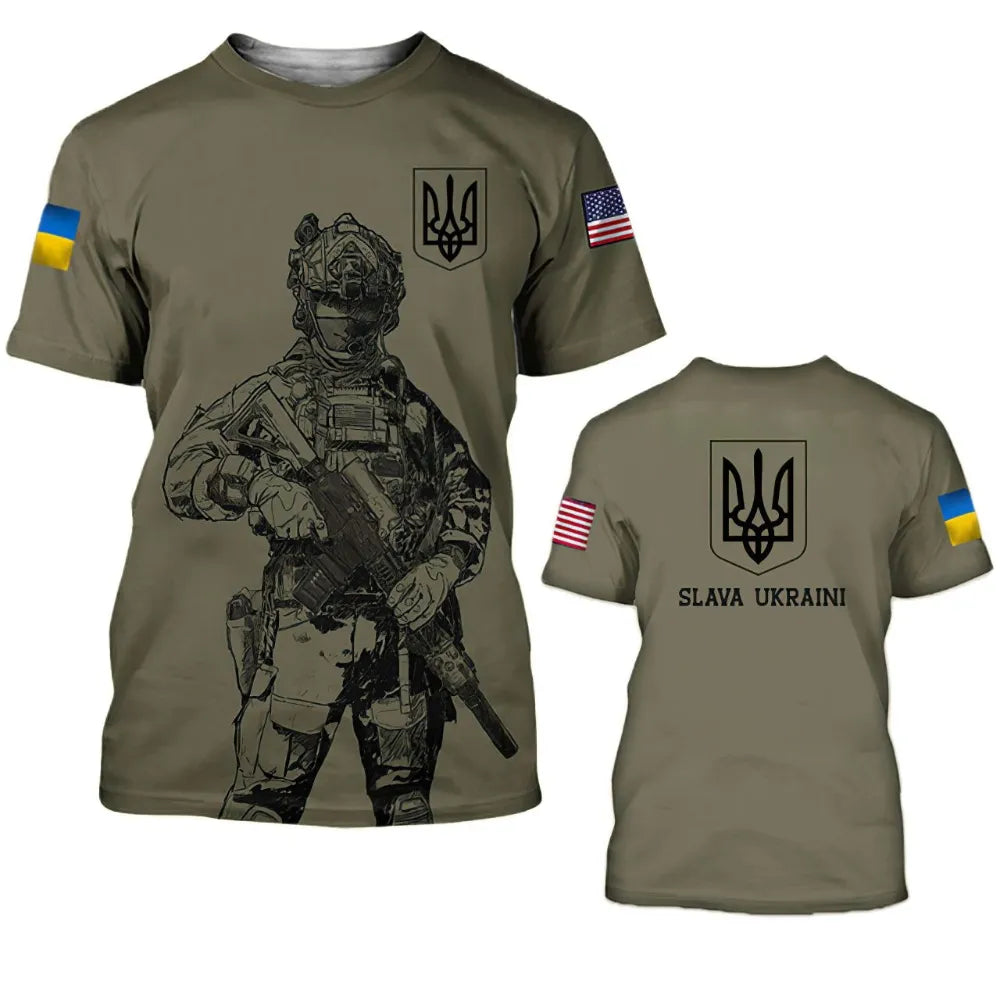 Ukrainian Men's Military Style Camouflage T-shirt, 3D Military Flag Print Oversized Harajuku Summer Street Unisex Short Sleeved